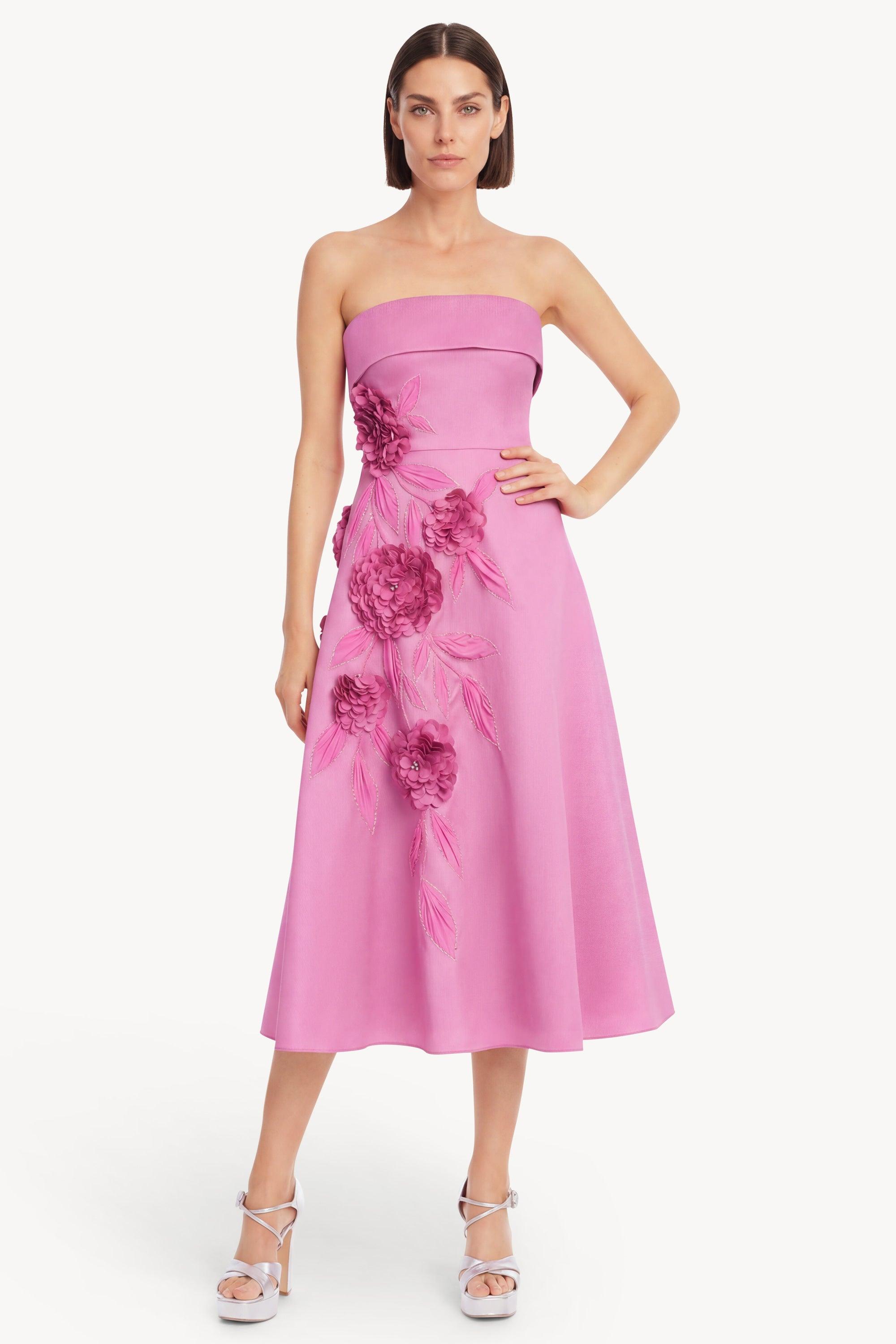 Strapless Floral Applique Midi Dress by BADGLEY MISCHKA