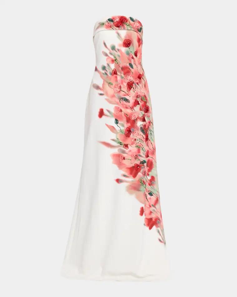 Strapless Floral-Print Crepe Gown by BADGLEY MISCHKA