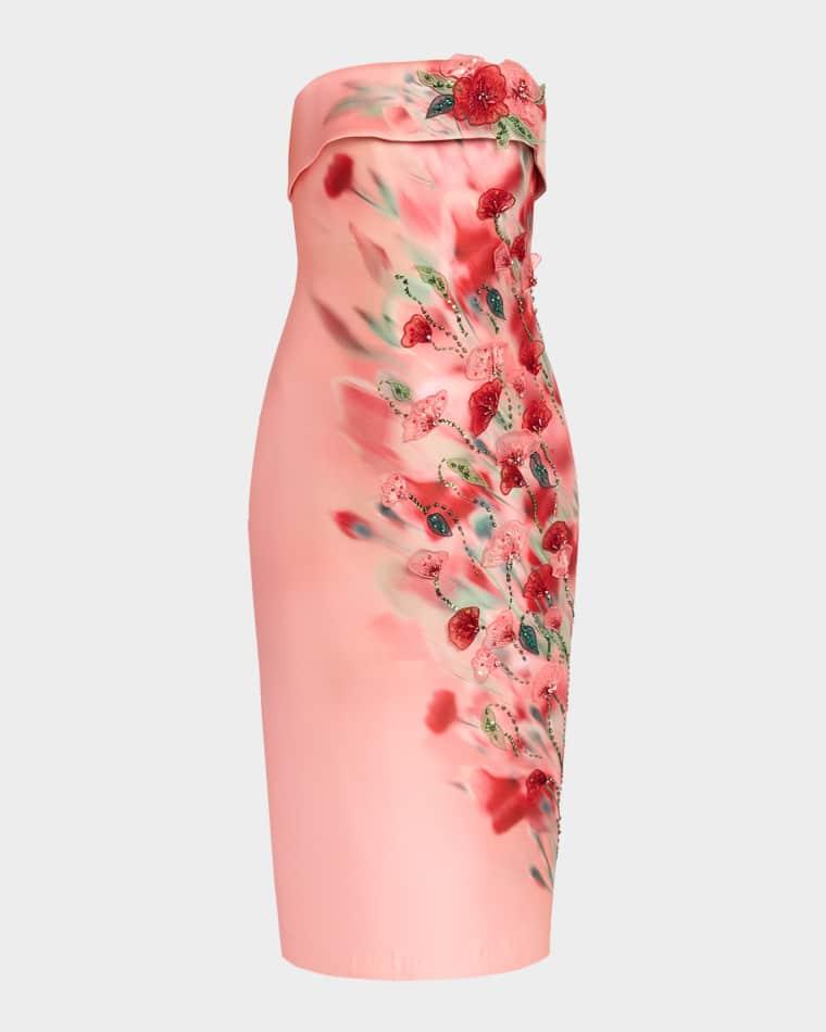 Strapless Floral-Print Mikado Midi Dress by BADGLEY MISCHKA