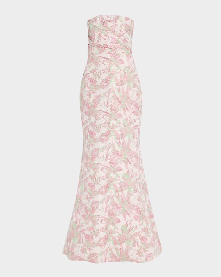 Strapless Pleated Metallic Jacquard Gown by BADGLEY MISCHKA