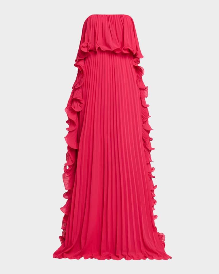Strapless Ruffle-Trim Pleated Chiffon Gown by BADGLEY MISCHKA