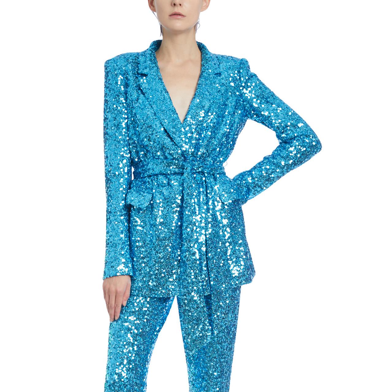 Turquoise Sequined Blazer with Sash Belt by BADGLEY MISCHKA
