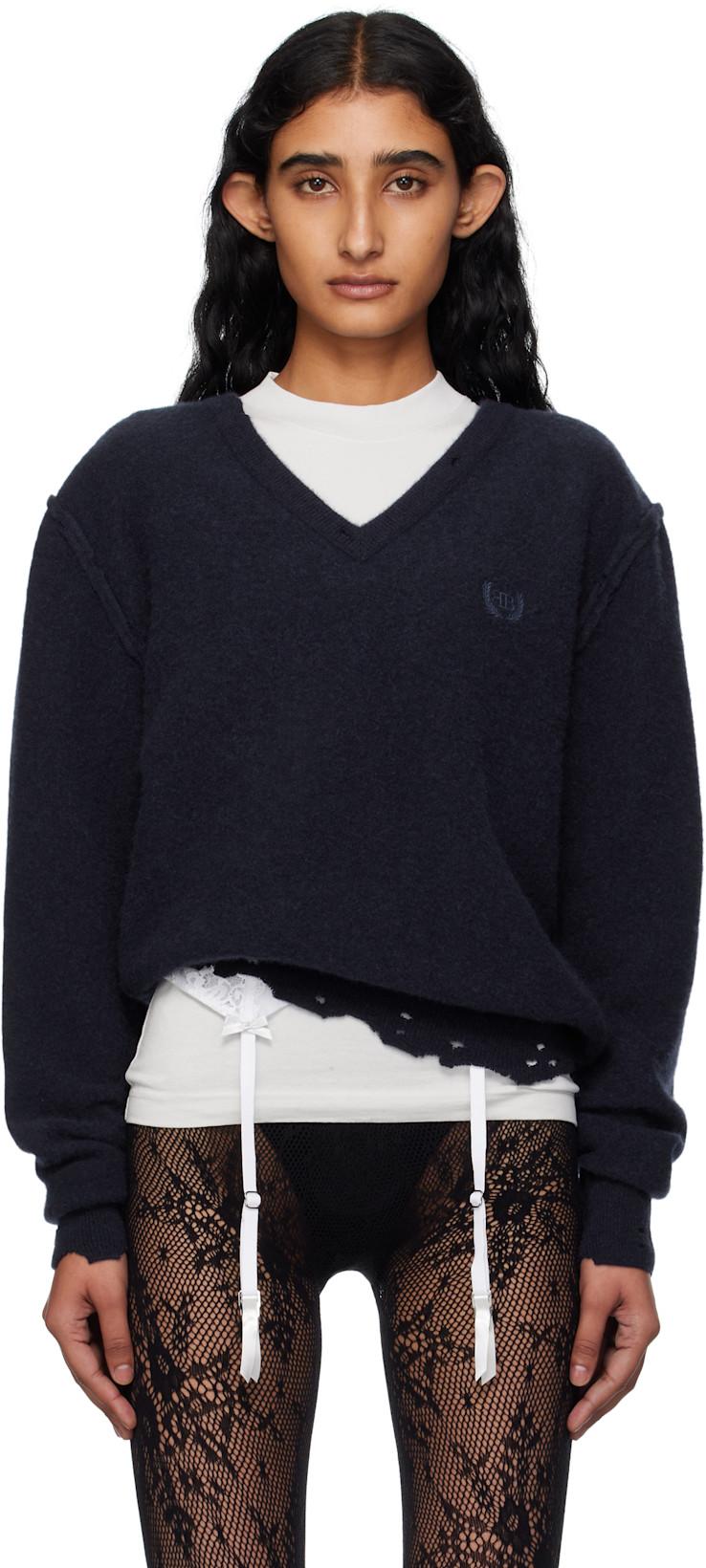 Navy Laurel Classic Inside-Out V-Neck Sweater by BALENCIAGA Navy Laurel Classic Inside-Out V-Neck Sweater by BALENCIAGA