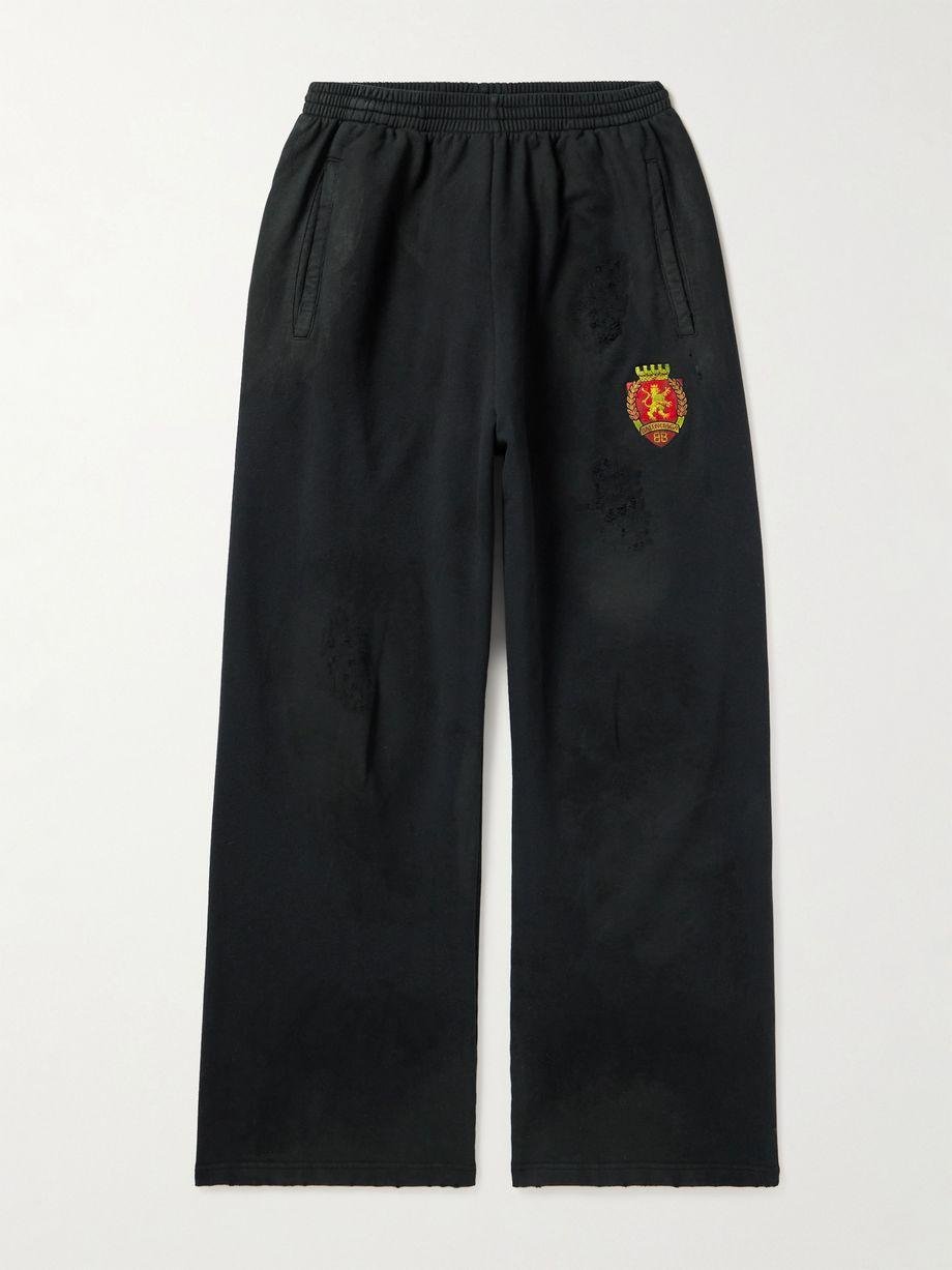 Wide-Leg Distressed Logo-Appliquéd Cotton-Jersey Sweatpants by BALENCIAGA