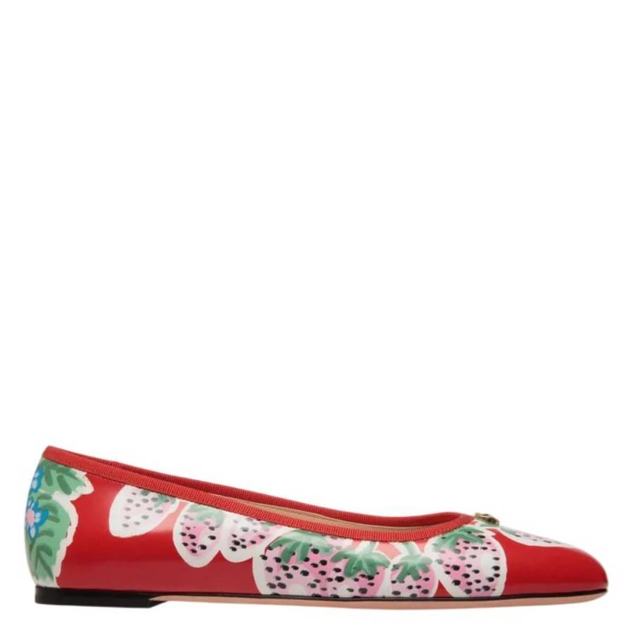 Bally Strawberry Print Leather Ballyrina Flats by BALLY