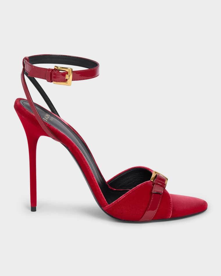 110mm Anthem Velvet and Patent Leather Ankle-Strap Sandals by BALMAIN