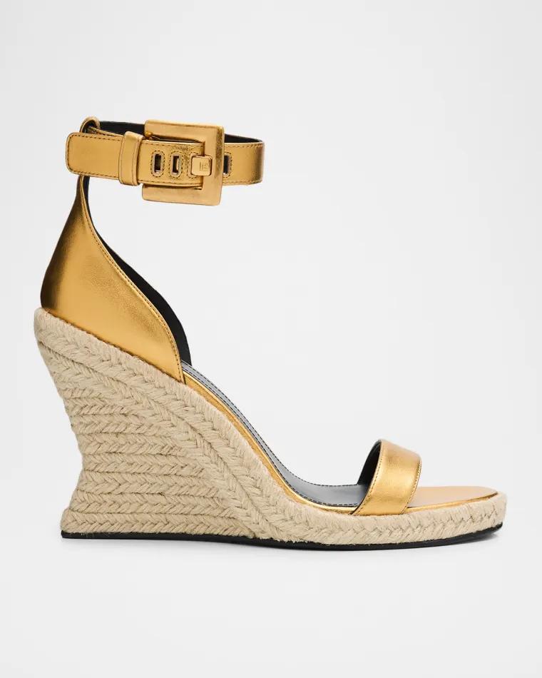 85mm Metallic Leather Espadrille Wedge Sandals by BALMAIN