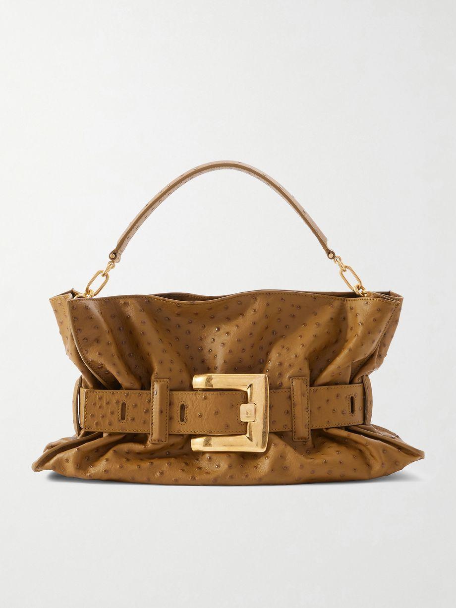 Anthem buckled ostrich-effect leather shoulder bag by BALMAIN