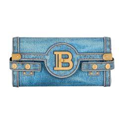 B-Buzz Pouch 23 clutch in denim print canvas by BALMAIN