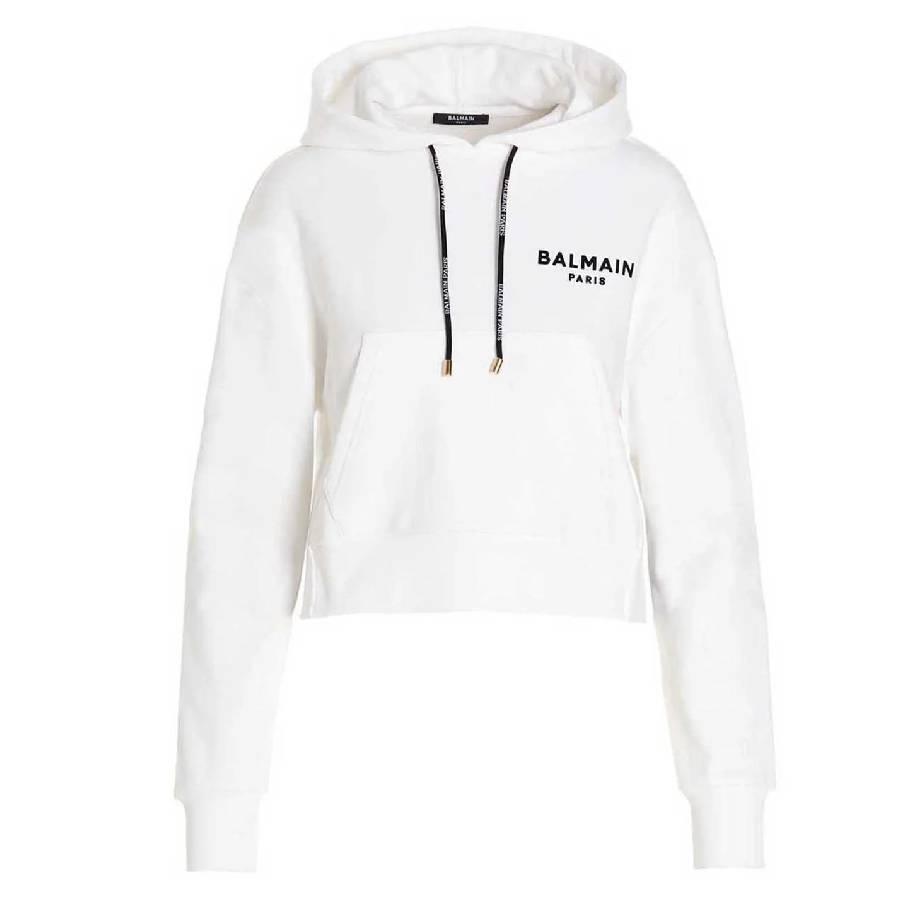 Balmain Cropped Cotton Flock Hoodie by BALMAIN