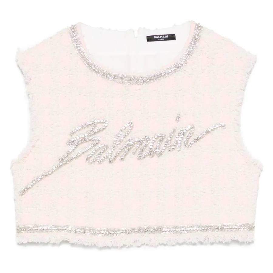 Balmain Embellished Logo Tweed Crop Top by BALMAIN