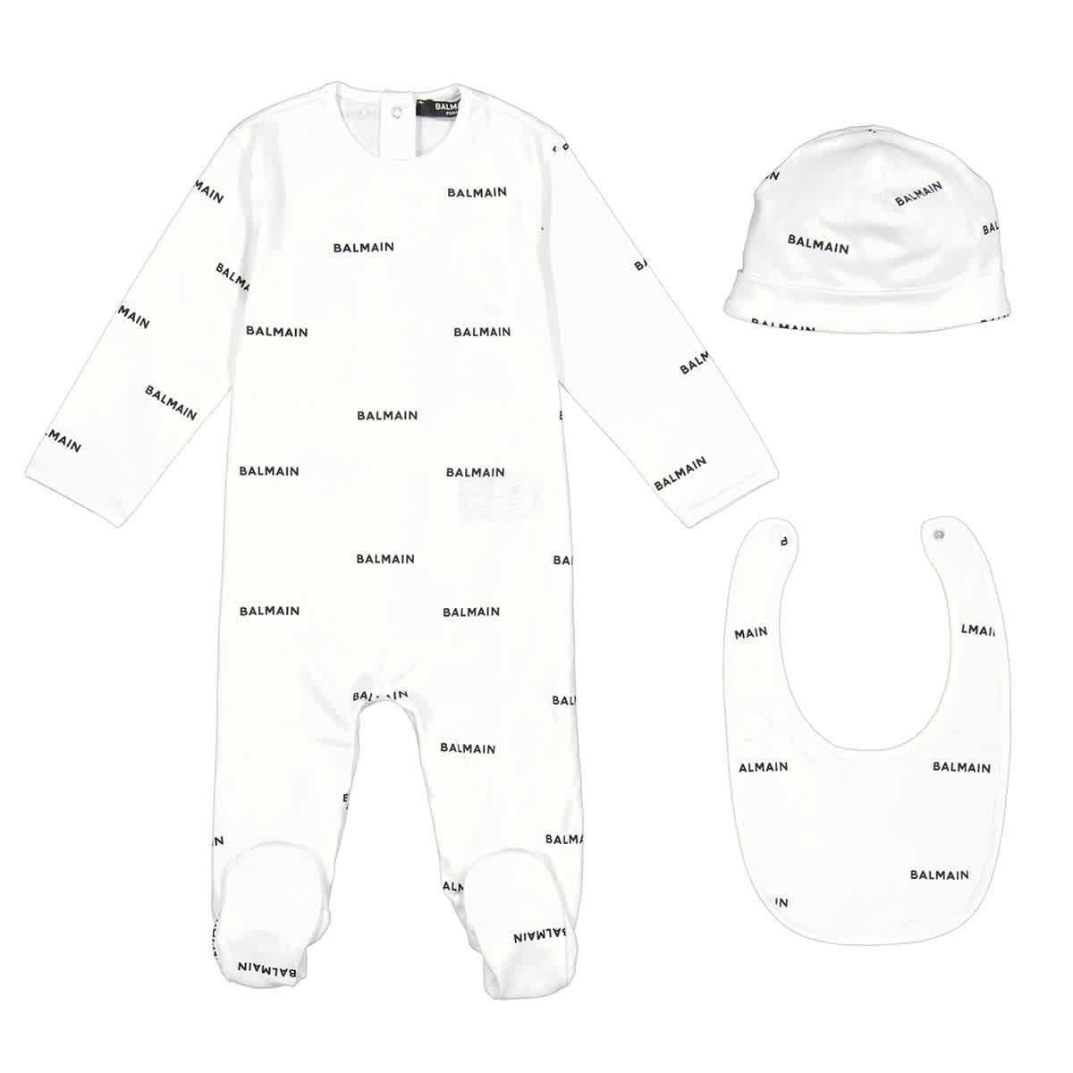 Balmain Infant White / Black All Over Logo Print Cotton Babyset by BALMAIN
