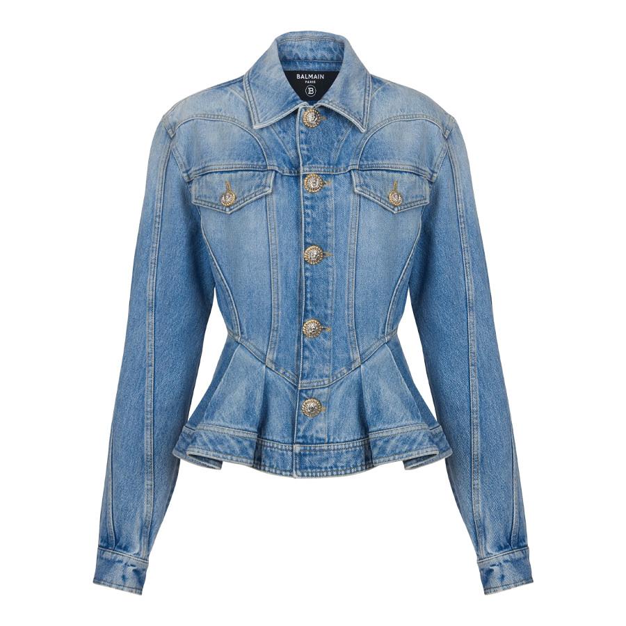 Balmain Logo-Buttons Pleated Denim Blazer by BALMAIN