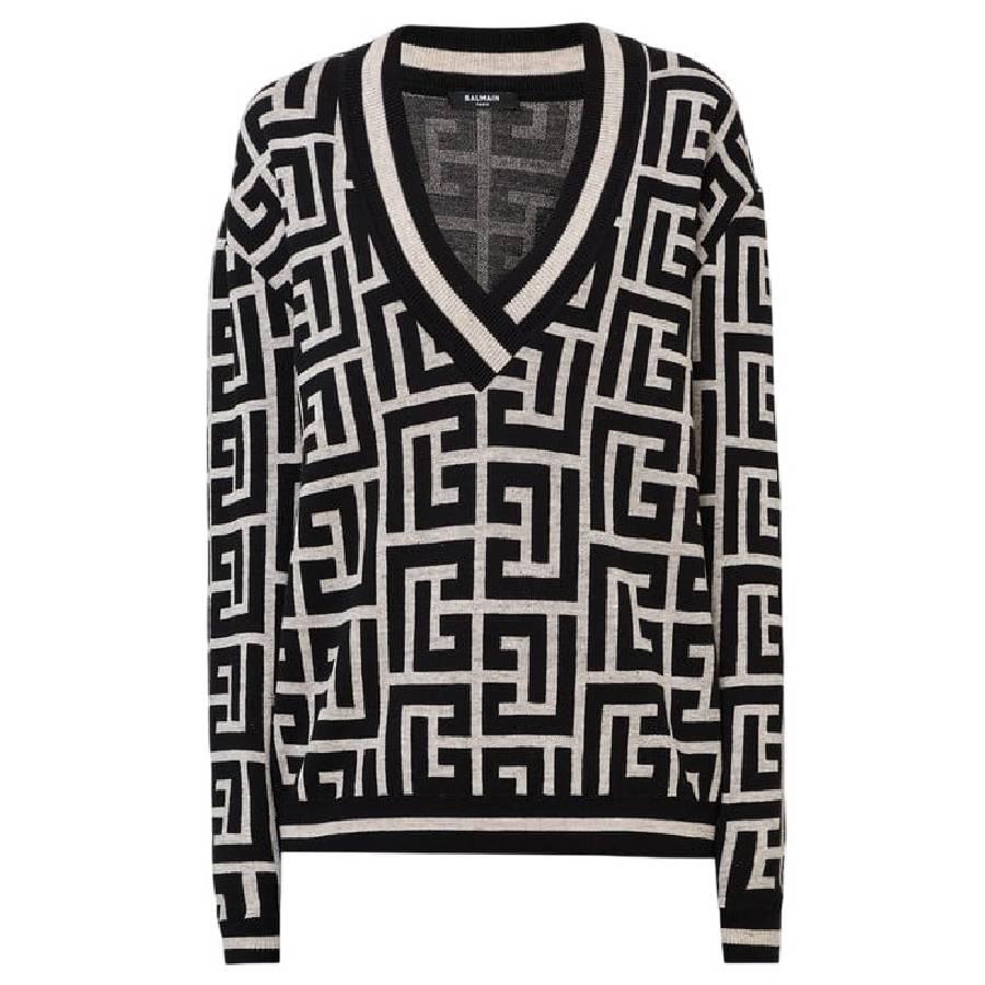 Balmain V Neck Monogram Wool Cardigan by BALMAIN
