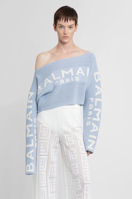 Balmain Women'S Light Blue Logo Jacquard Off-The-Shoulders Cropped