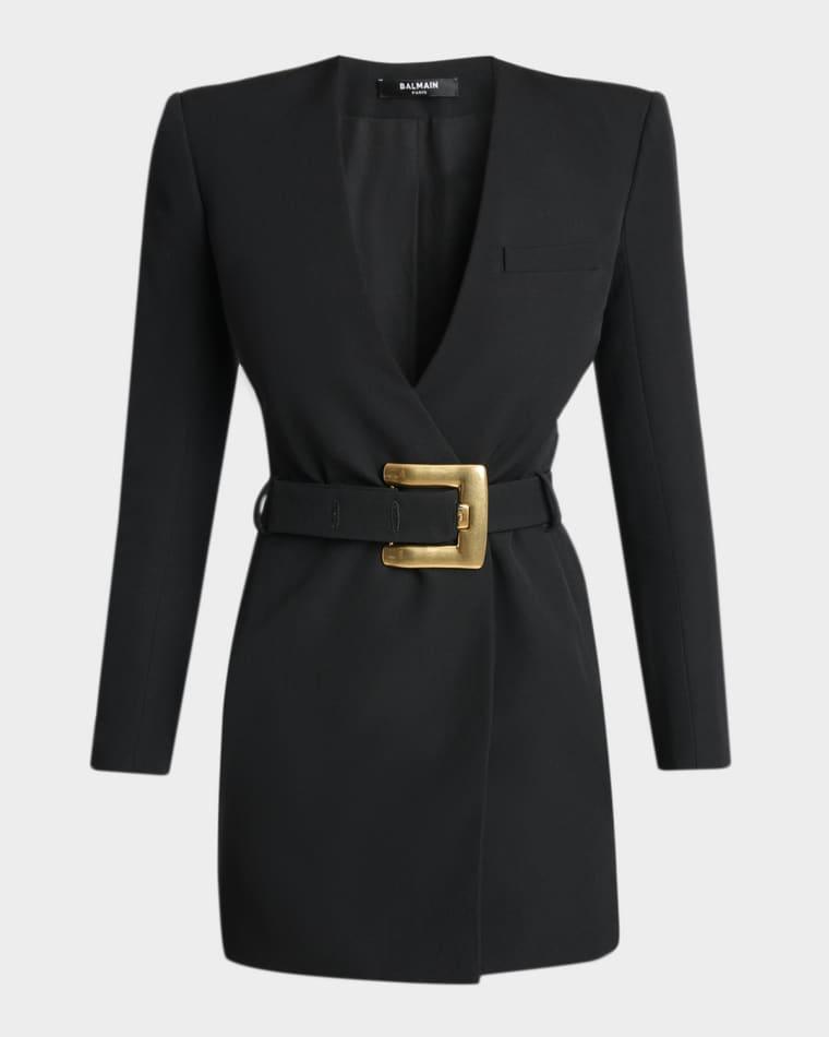 Belted Strong-Shoulder Long-Sleeve Mini Dress by BALMAIN