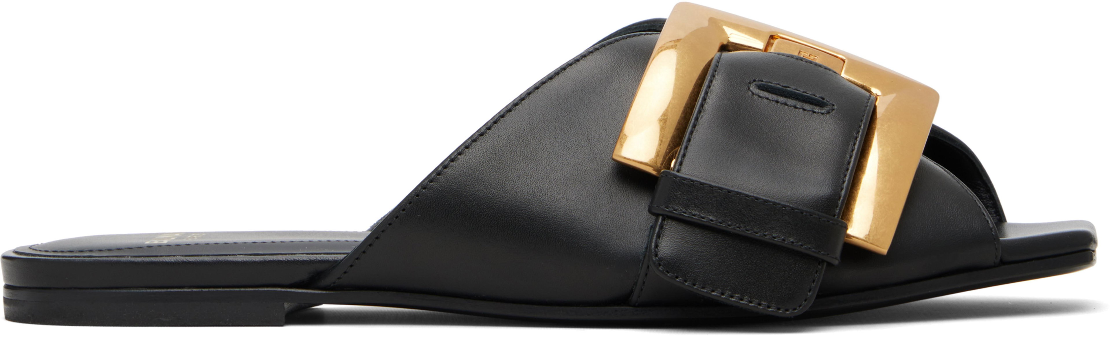 Black Anthem Flat Calfskin Leather Sandals by BALMAIN