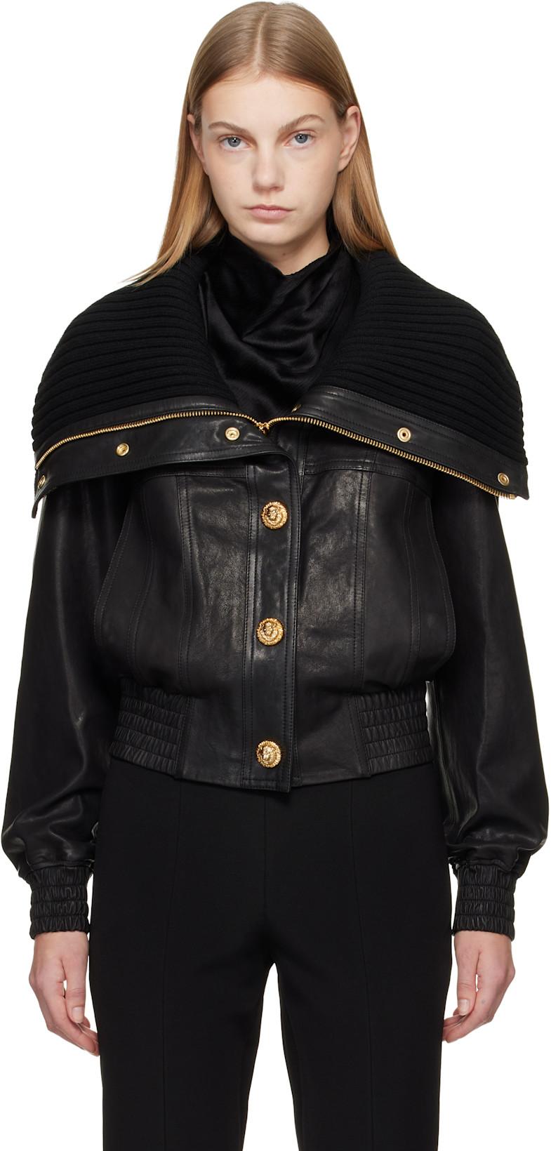Black Lambskin & Knit Bomber Jacket by BALMAIN