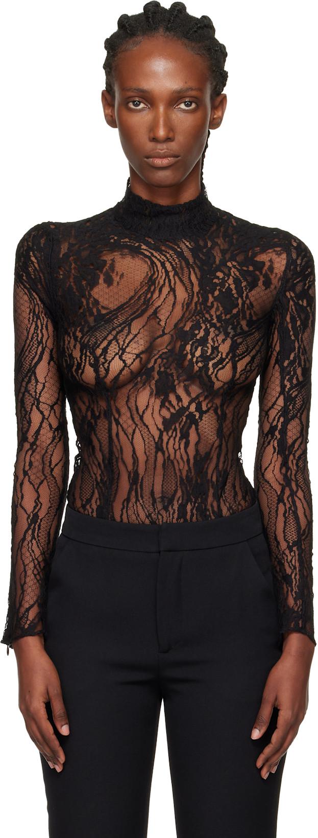 Black Long-Sleeved Lace Bodysuit by BALMAIN