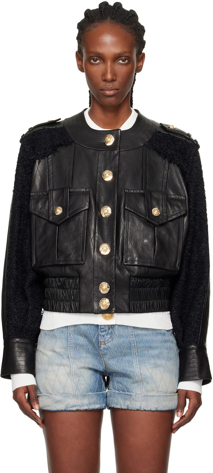 Black Tweed & Leather Bomber Jacket by BALMAIN