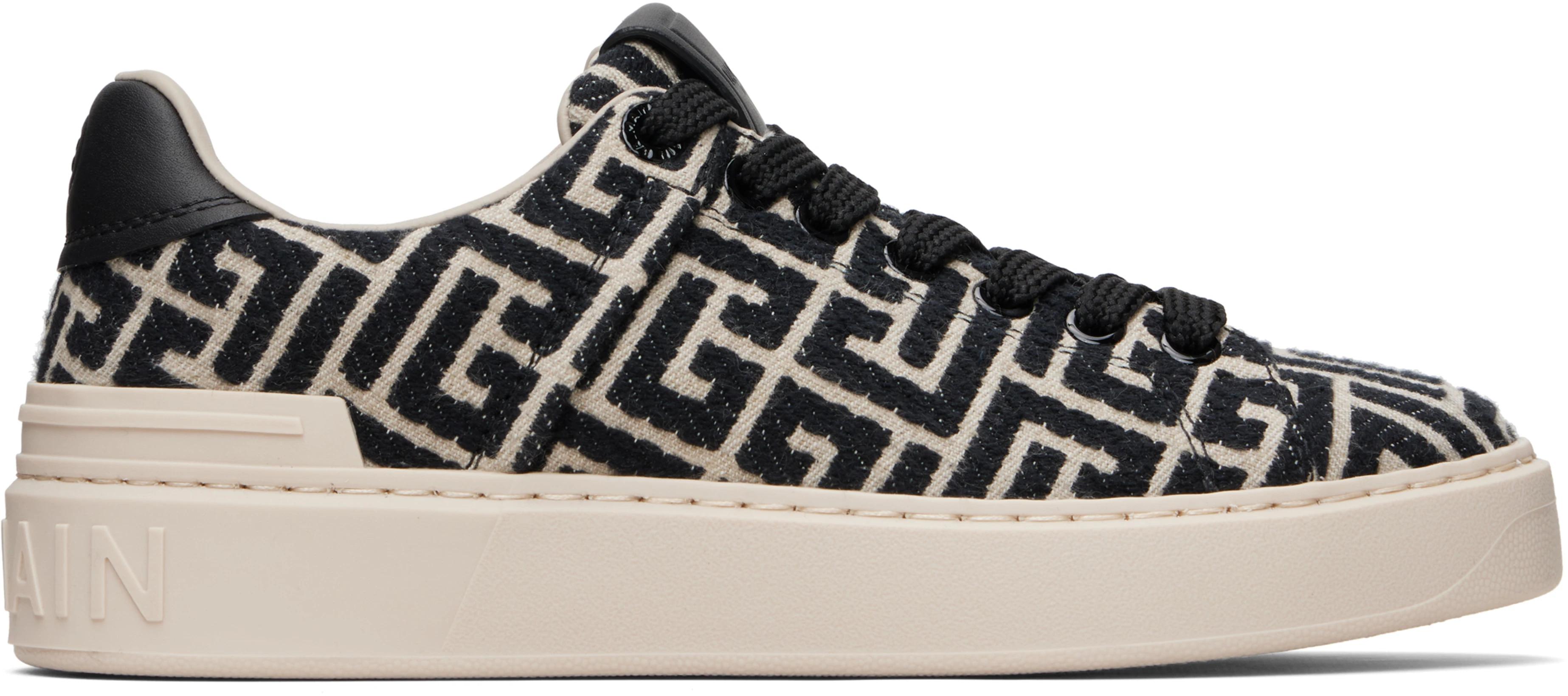 Black & Beige Monogram Jacquard B-Court Sneakers by BALMAIN