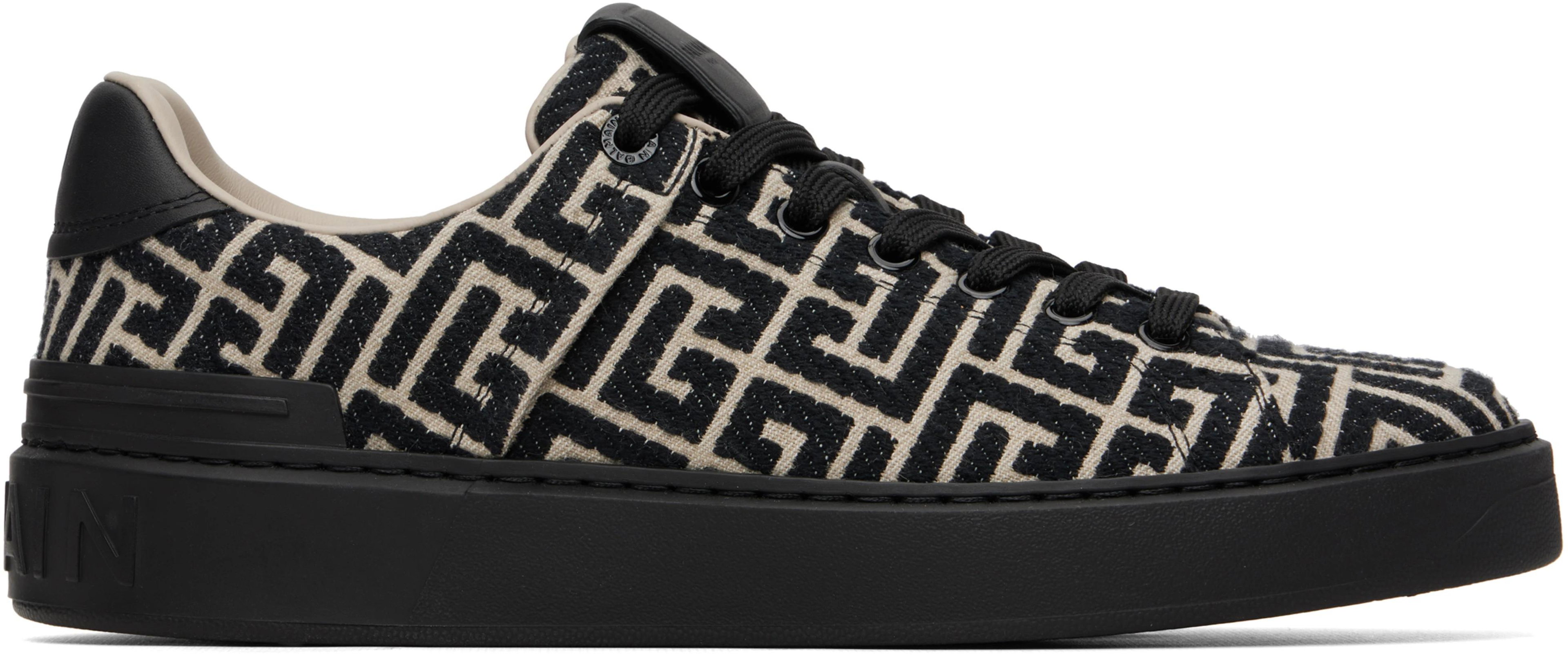 Black & Beige Monogram Jacquard B-Court Sneakers by BALMAIN