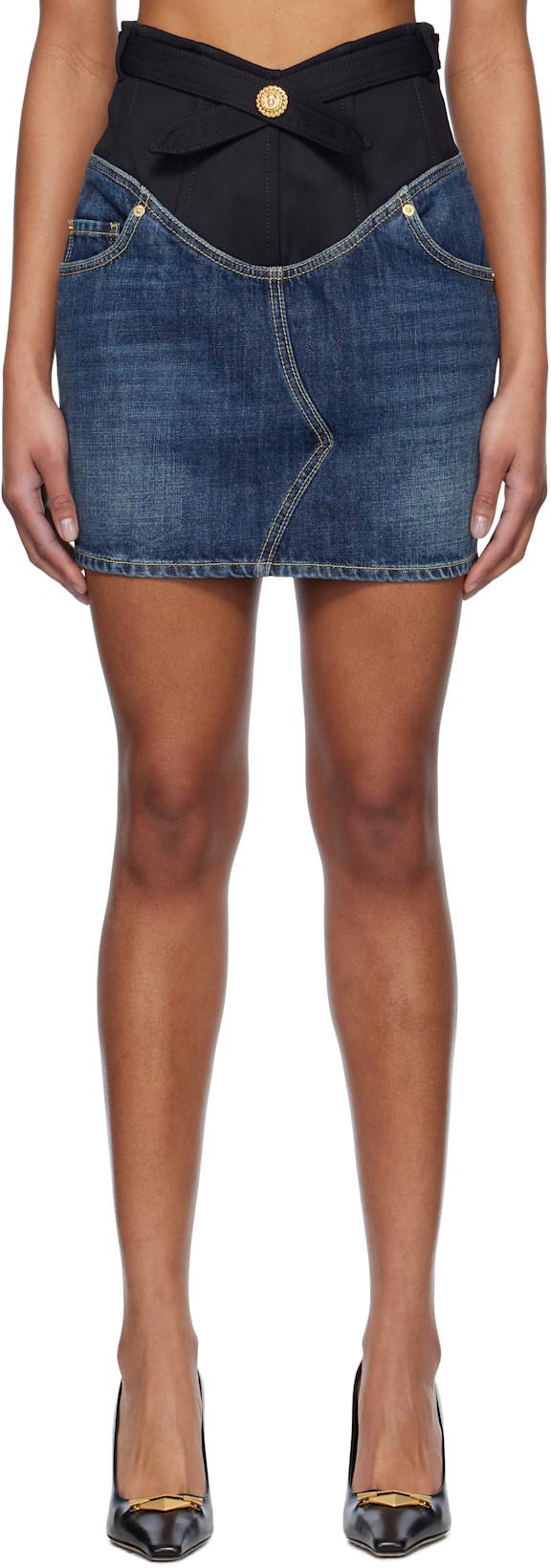 Blue Crêpe & Denim Miniskirt by BALMAIN