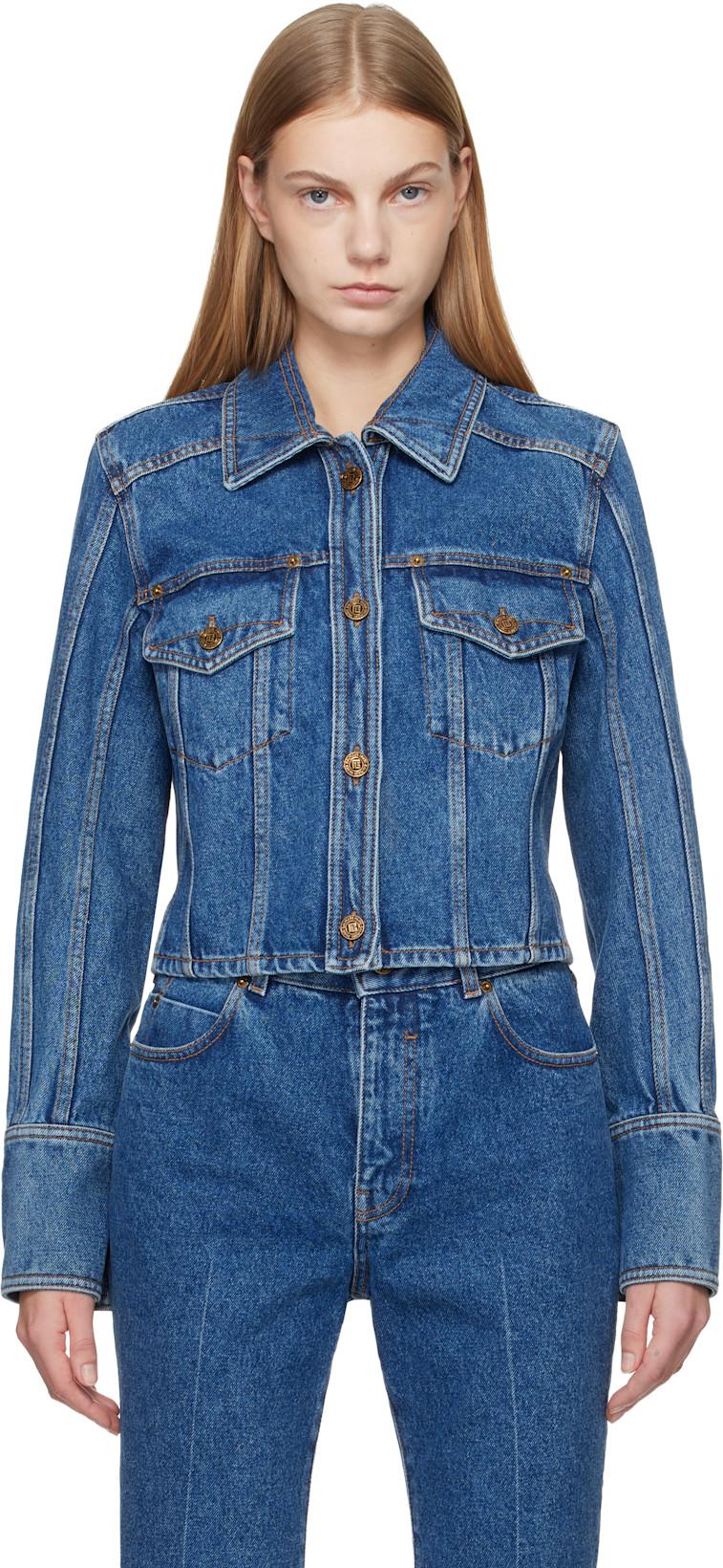 Blue Cropped Faded Denim Jacket by BALMAIN