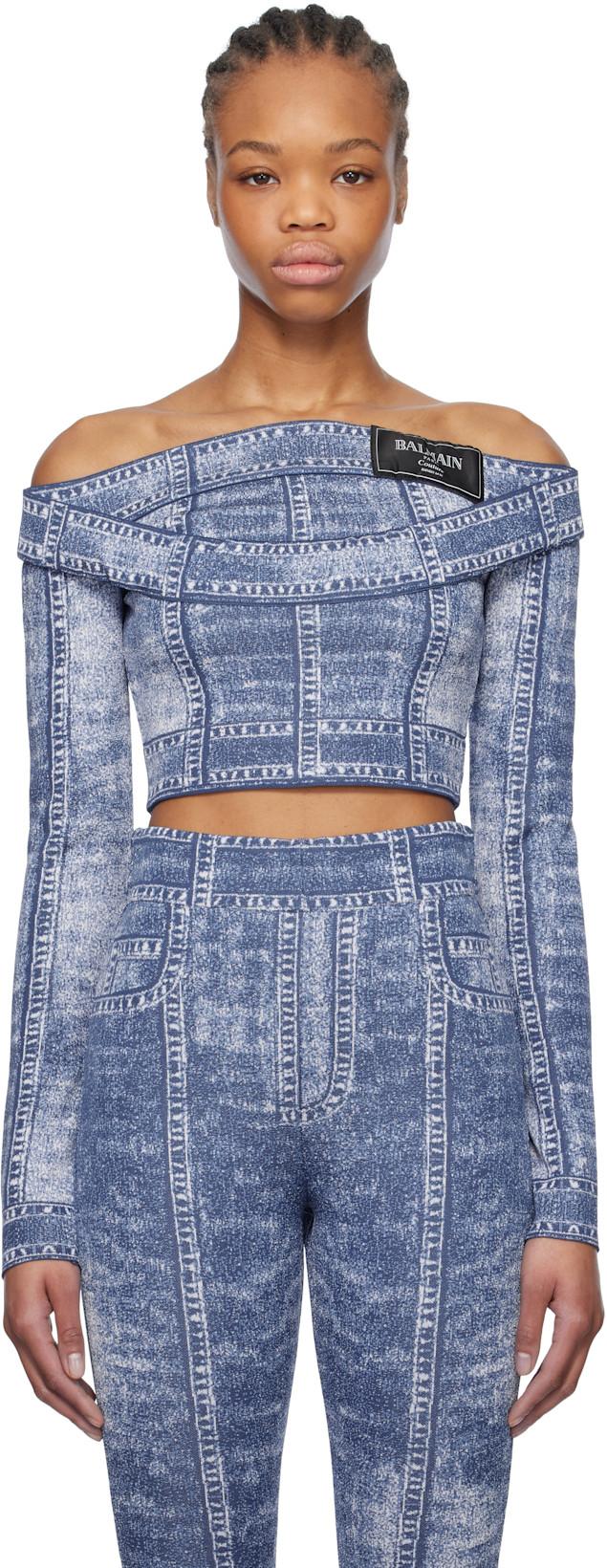 Blue Double Collar Denim Trompe L'oeil Top by BALMAIN