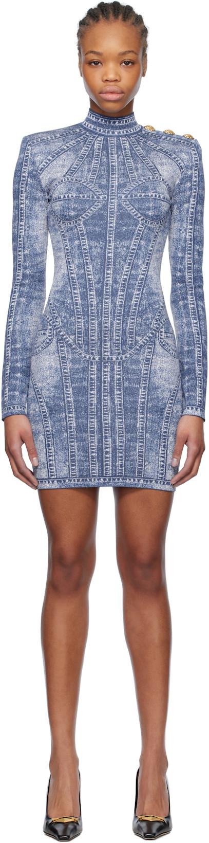 Blue Jacquard Denim Effect Minidress by BALMAIN