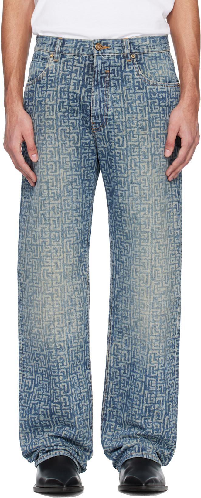 Blue Monogram Laser Loose-Fit Jeans by BALMAIN