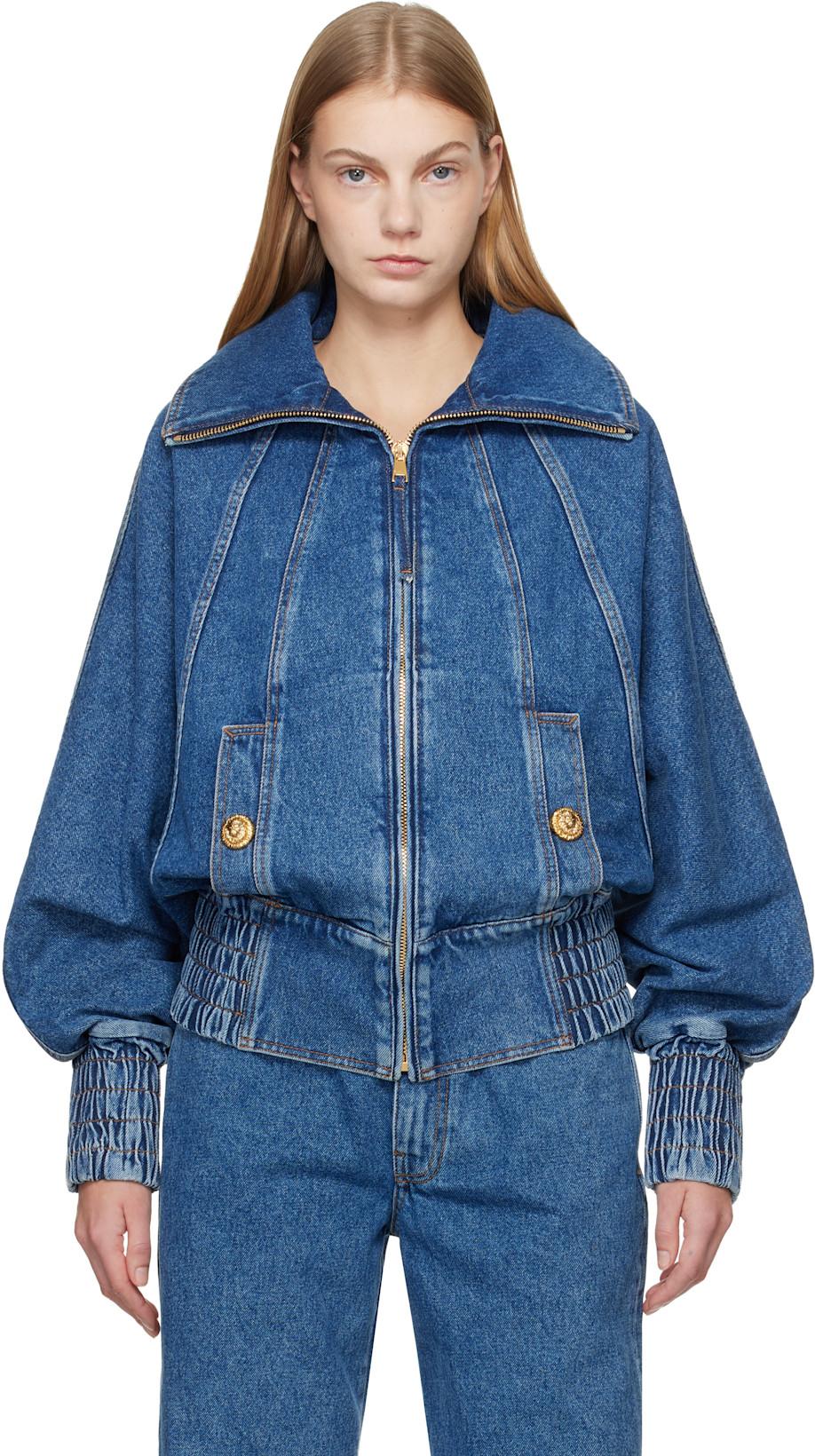 Blue Zipped Denim Bomber Jacket by BALMAIN