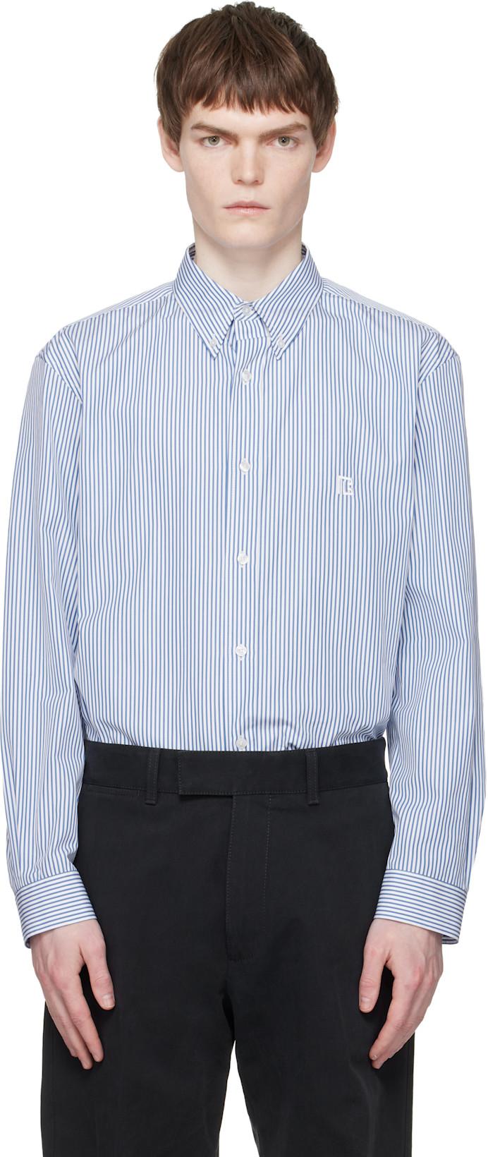 Blue & White Embroidered Pinstripe Popeline Regular Shirt by BALMAIN