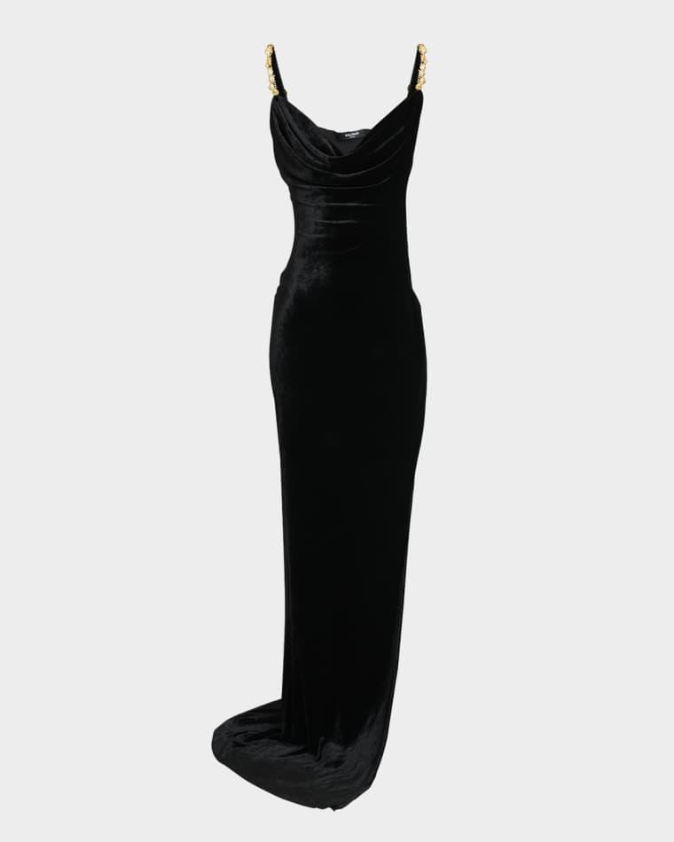 Button Cowl-Neck Velvet Slit Maxi Dress by BALMAIN
