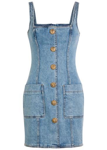 Button-embellished stretch-denim mini dress by BALMAIN