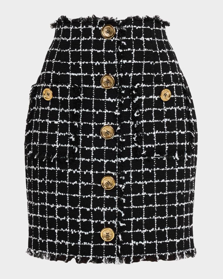 Buttoned Check Tweed Mini Skirt by BALMAIN