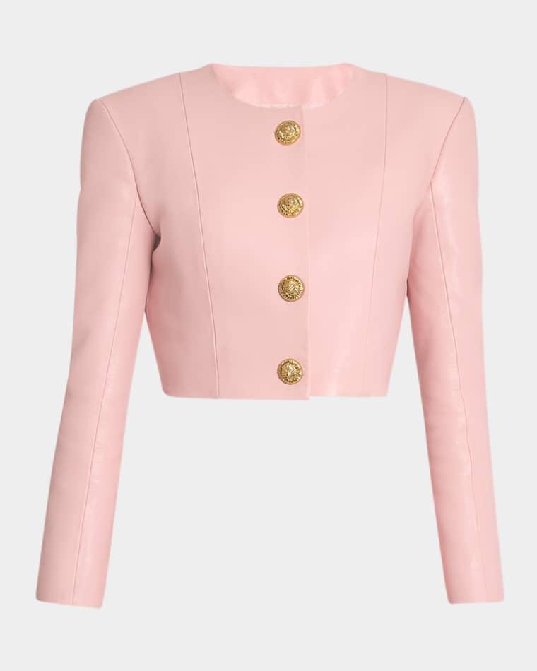 Buttoned Strong-Shoulder Leather Crop Jacket by BALMAIN