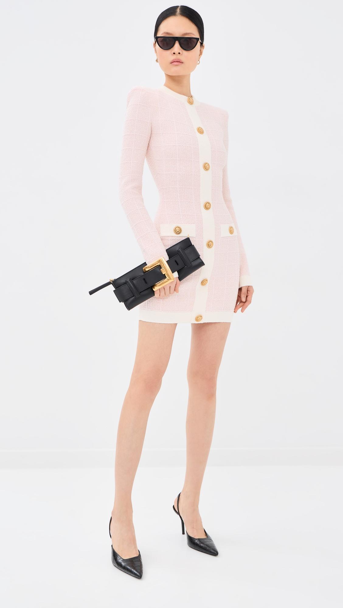 Buttoned Tweed Knit Short Dress by BALMAIN