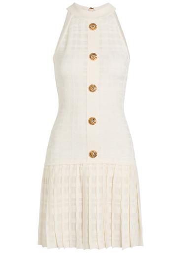 Checked pleated stretch-knit mini dress by BALMAIN