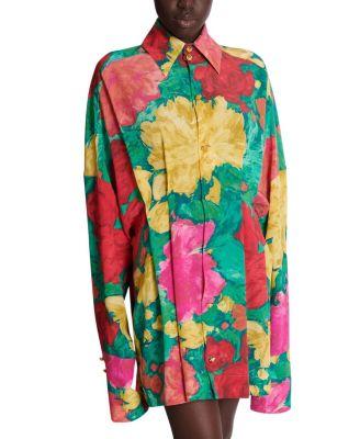 Crepe Shirt Dress with Roses Print by BALMAIN