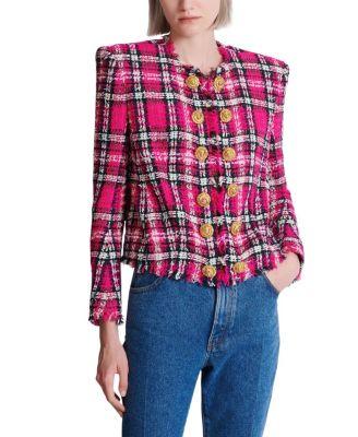 Cropped Jacket in Glitter Plaid Tweed by BALMAIN