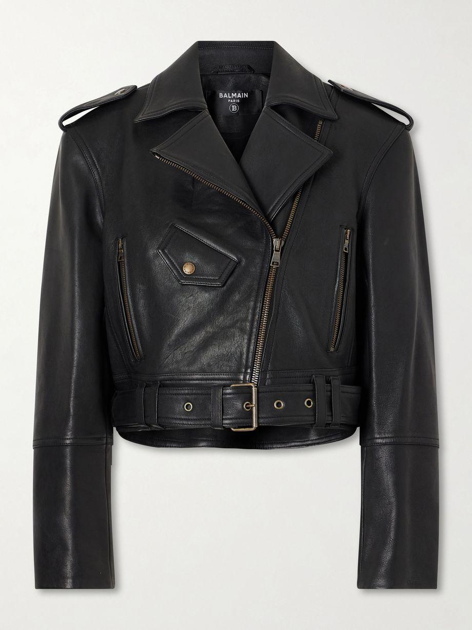Cropped belted leather biker jacket by BALMAIN