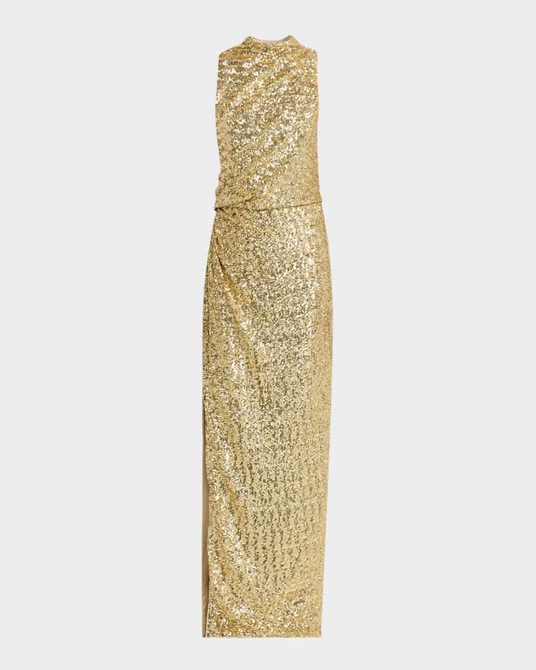 Draped Sequined Halter Column Gown by BALMAIN