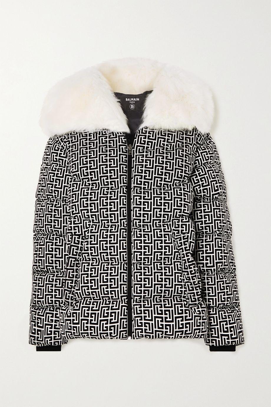 Faux fur-trimmed quilted printed shell coat by BALMAIN