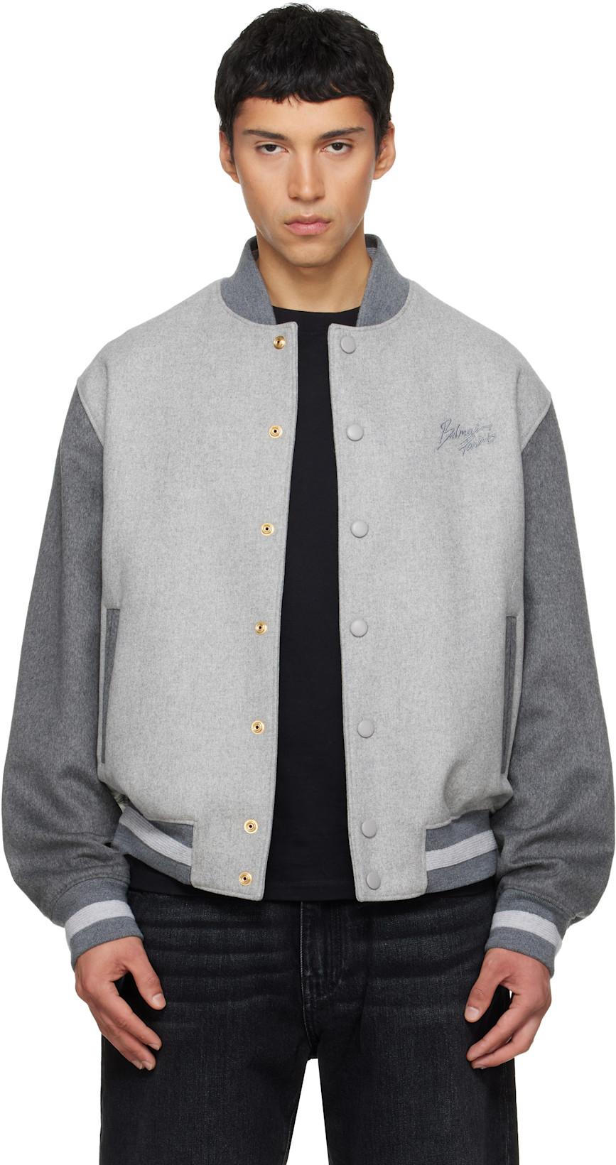 Gray Wool & Cashmere Varsity Bomber Jacket by BALMAIN