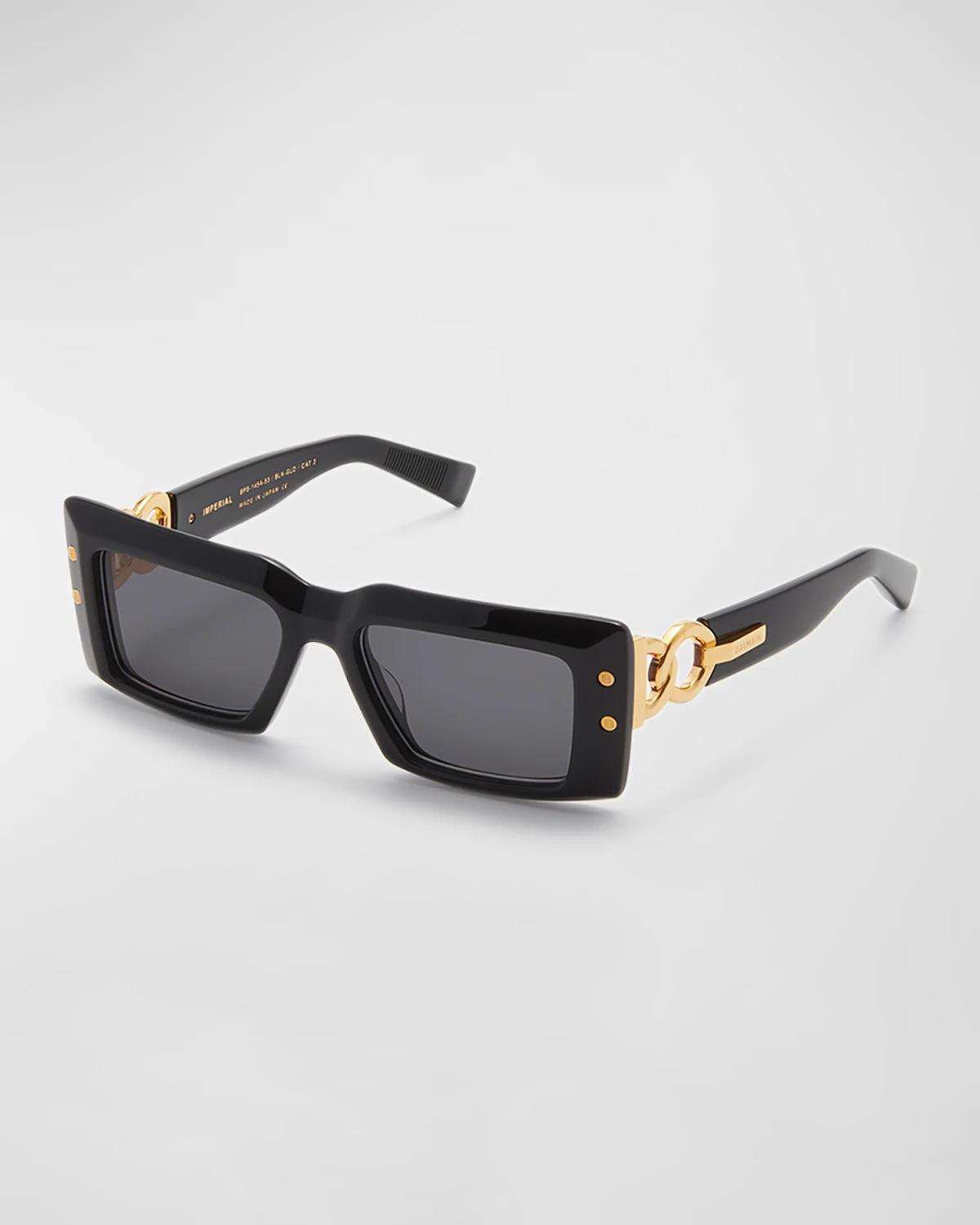 Imperial Black Acetate & Titanium Rectangle Sunglasses by BALMAIN