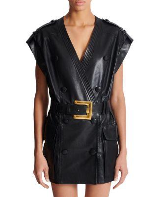 Lambskin Leather Short Belted Dress by BALMAIN