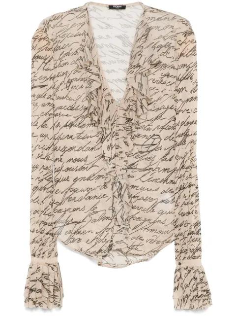 Love Letter-print ruffled blouse by BALMAIN