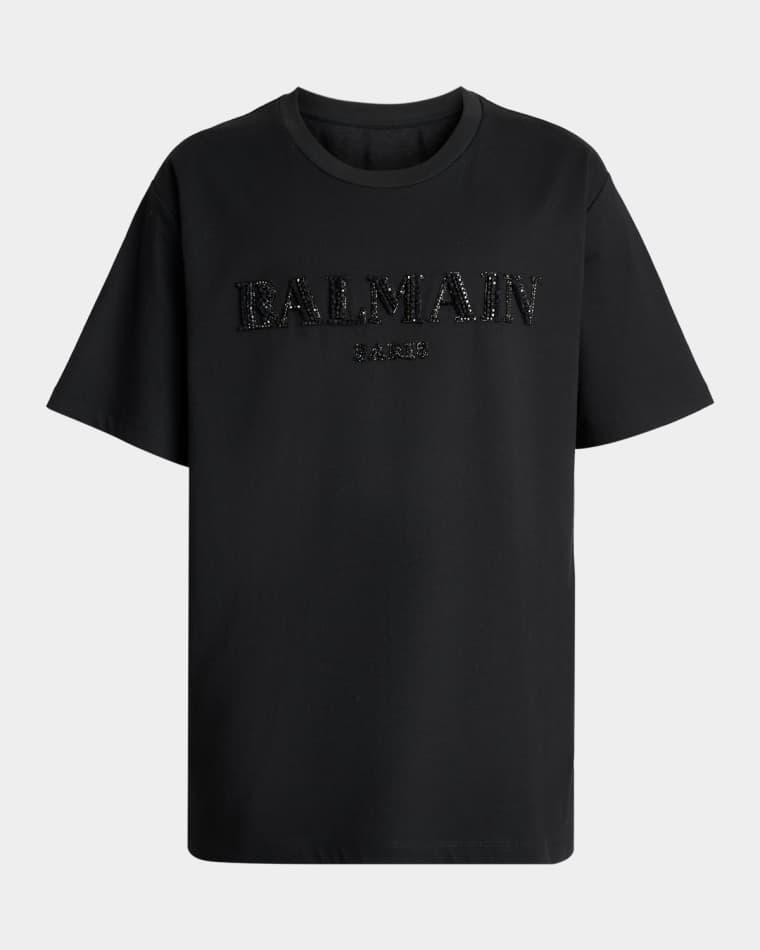 Men's Crystal Vintage Logo Crewneck T-Shirt by BALMAIN