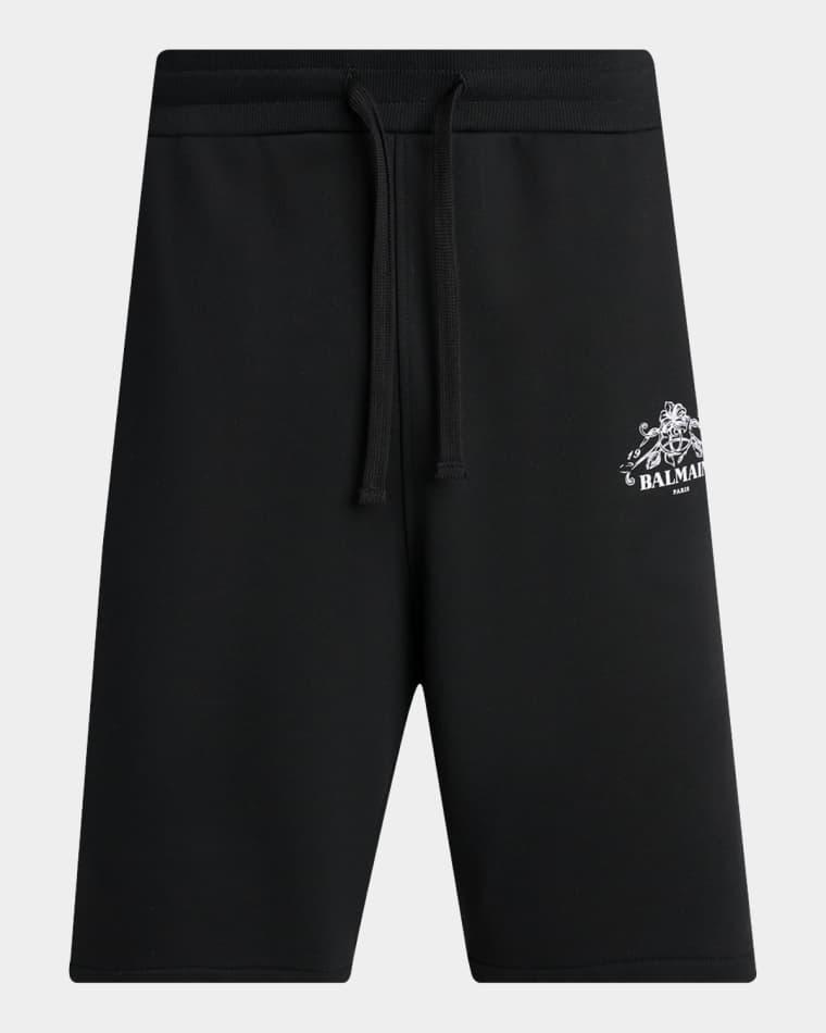 Men's Floral Logo Crest Cotton Drawstring Sweat Shorts by BALMAIN